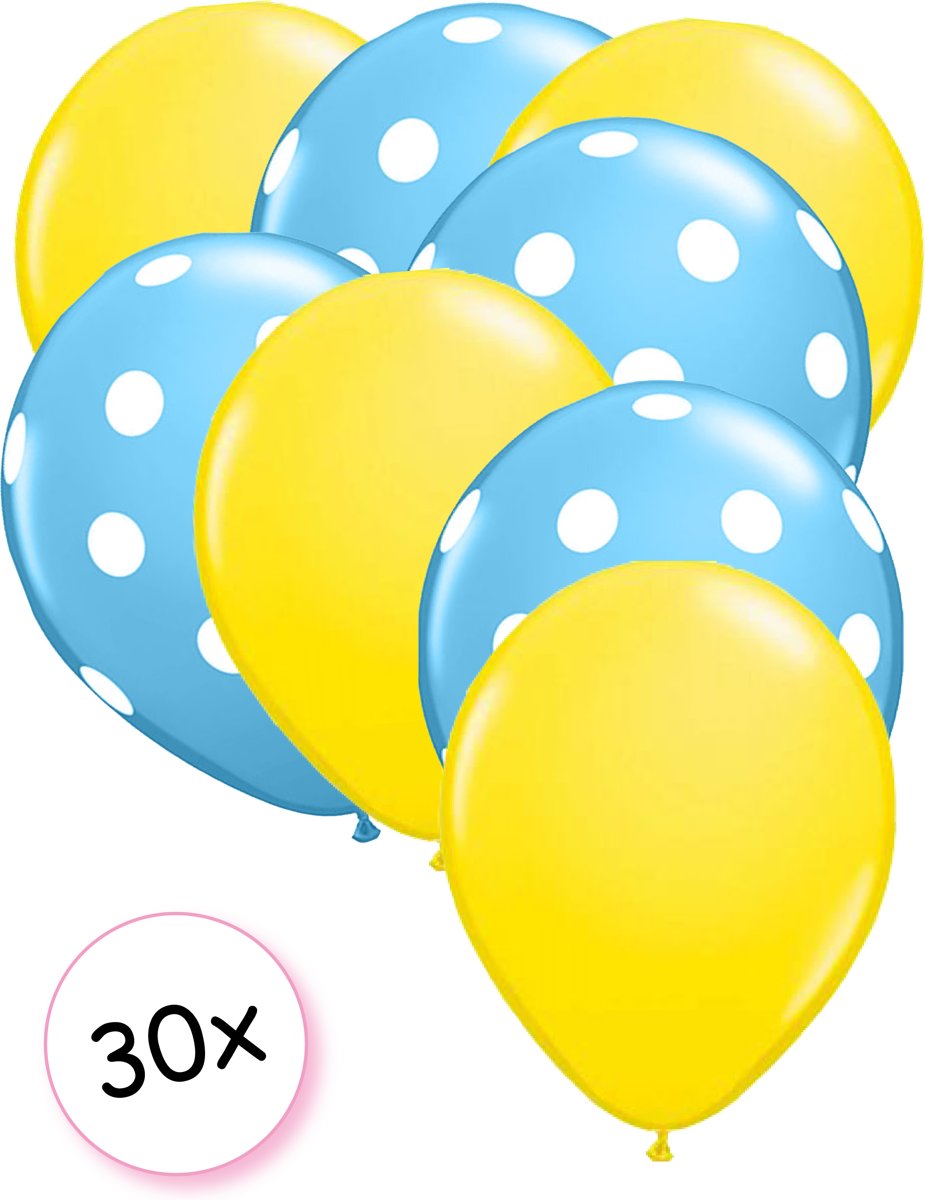 Ballonnen Geel & Dots Licht blauw-Wit 30 stuks 27 cm